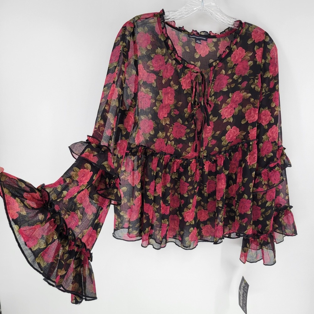 American Eagle Floral Sheer Blouse Red Rose Ruffle Bell Sleeve Boho Top Small